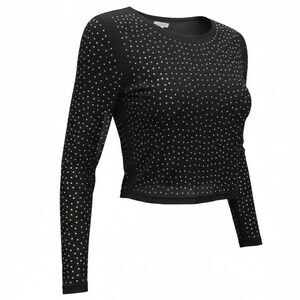 Haute Monde Black Rhinestone Embellished Long Sleeve Cropped Top Women's Size S